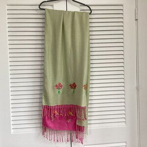 Lime green pink floral embroidered long scarf fringe